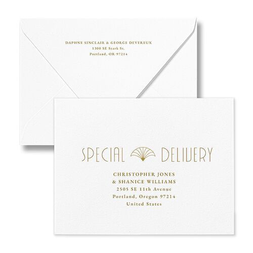 Gatsby Deco Arch Save the Date Magnet Euro Envelopes White Pure White Both Recipient and Return Addresses Luxe Signature