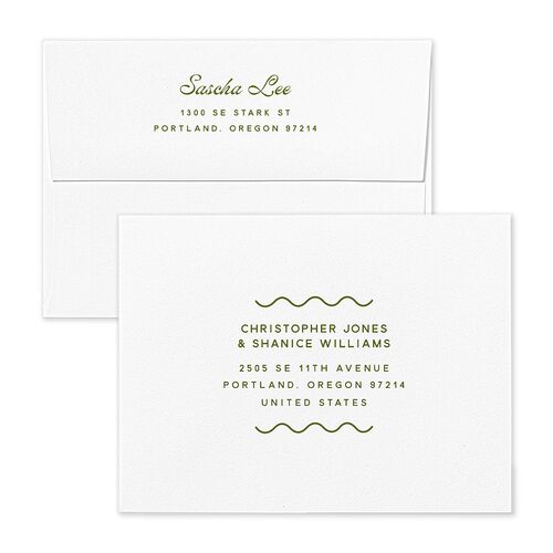 Cabana Stripes Bridal Shower Thank You Card Envelopes White Olive Both Recipient and Return Addresses Signature Standard