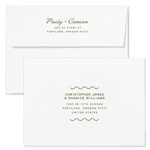 Cabana Stripes Save The Date Card Envelopes Olive Standard White Both Recipient and Return Addresses Signature