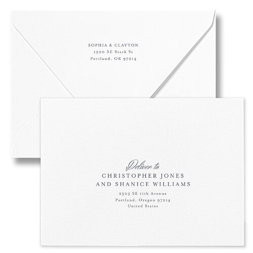 Elegant Winter Pine Cone Wedding Invitation Euro Envelopes White French Blue Both Recipient and Return Addresses Luxe Signature
