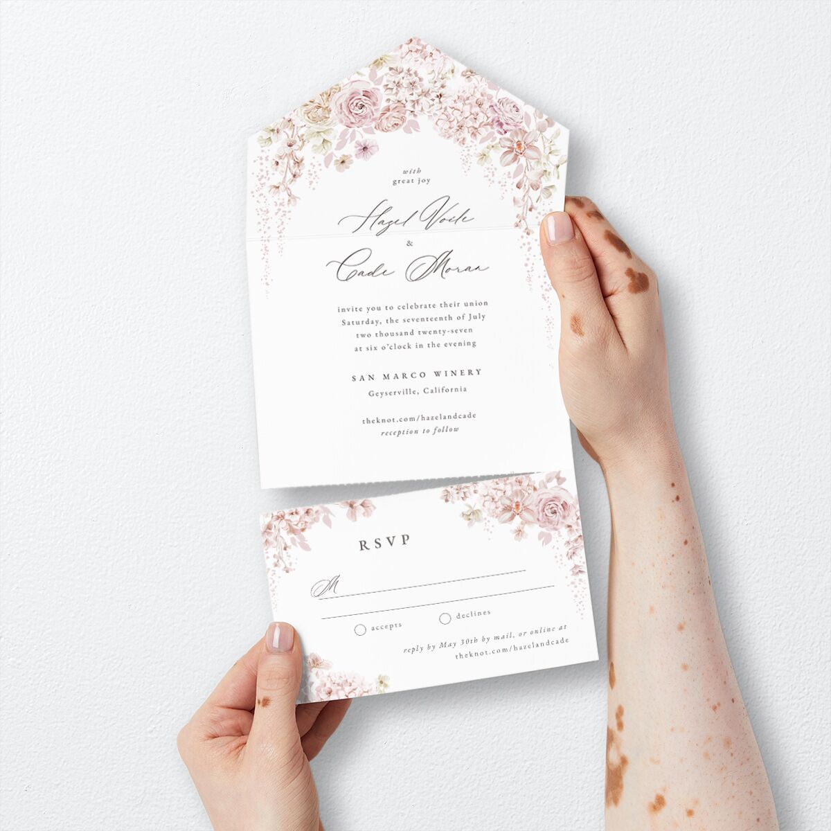 Luxury Floral All-in-One Wedding Invitations Desert Rose Signature Light Both Recipient and Return Addresses No