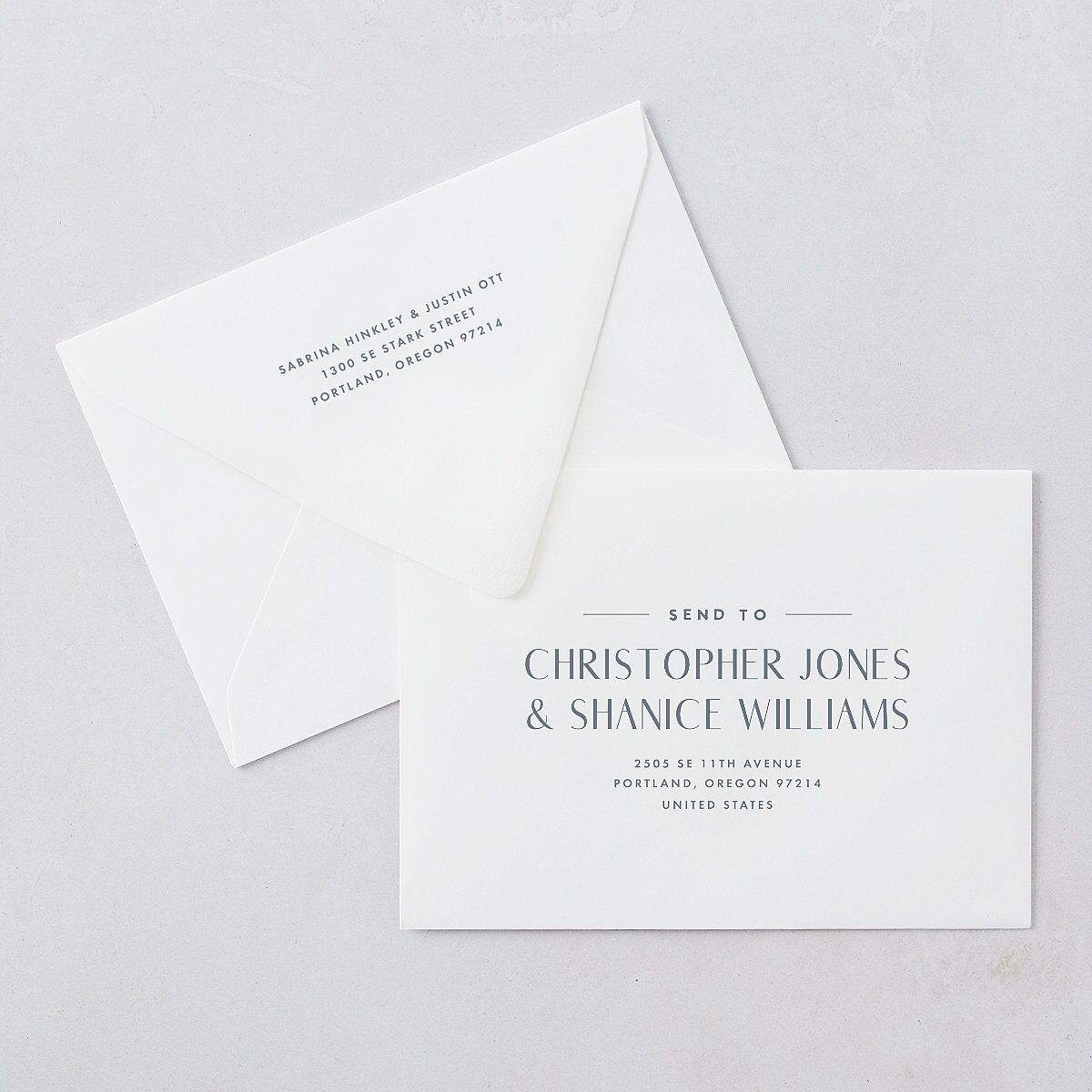 Destination Photo Poster Save The Date Card Euro Envelopes Dusty Blue White Both Recipient and Return Addresses Luxe Signature