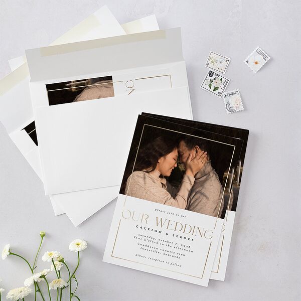 Elegant Frame Wedding Invitations Gold Pure White Signature Blank No Standard