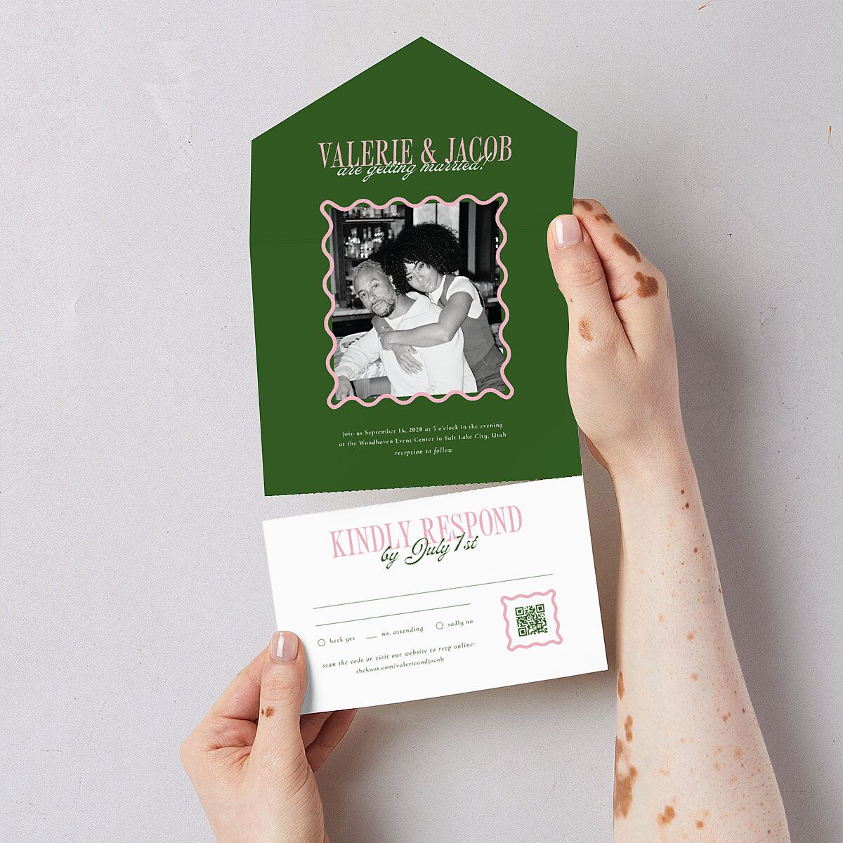 Wavy Frame Photo All-in-One Wedding Invitations Scottish Green Signature Light Both Recipient and Return Addresses No