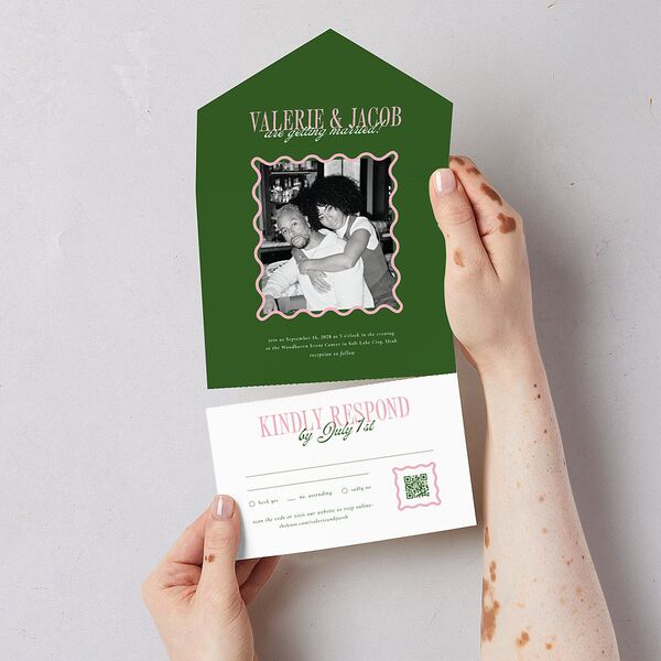 Wavy Frame Photo All-in-One Wedding Invitations Scottish Green Signature Light Both Recipient and Return Addresses No