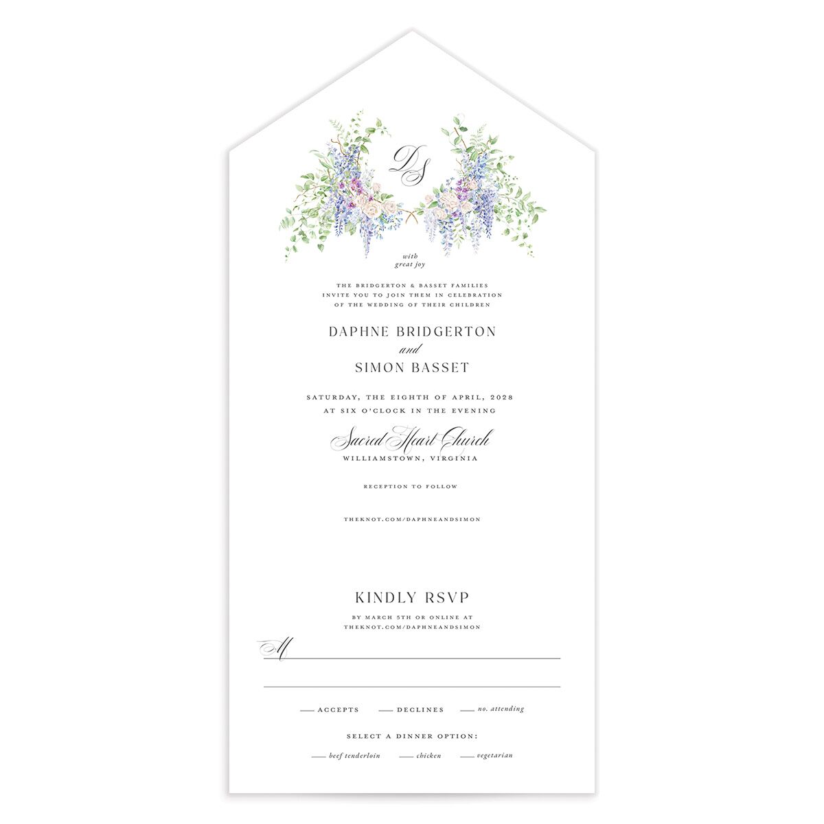 Formal Wisteria Garden Crest All-in-One Wedding Invitations by Bridgerton