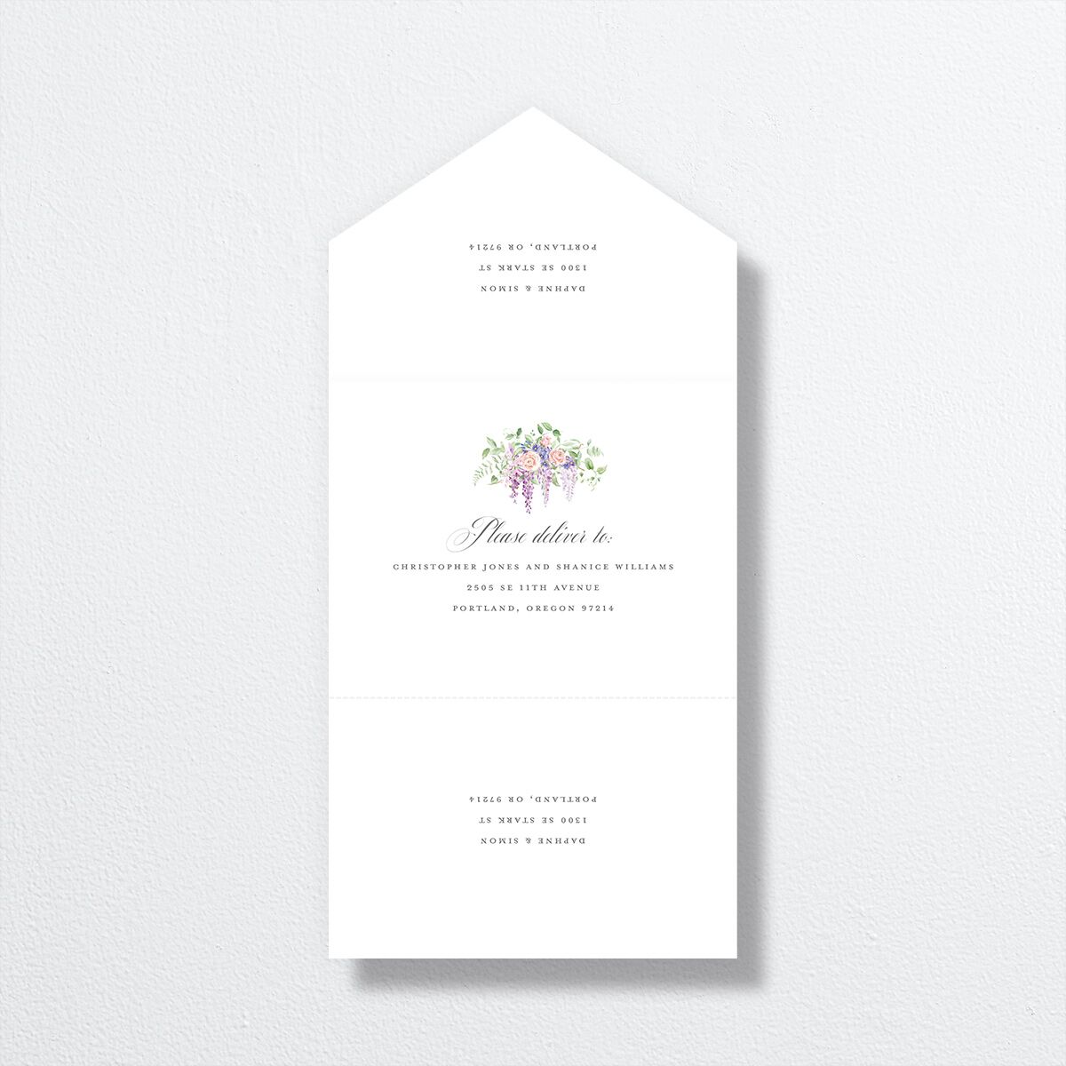 Formal Wisteria Garden Crest All-in-One Wedding Invitations by Bridgerton Purple Haze Signature Light Both Recipient and Return Addresses No