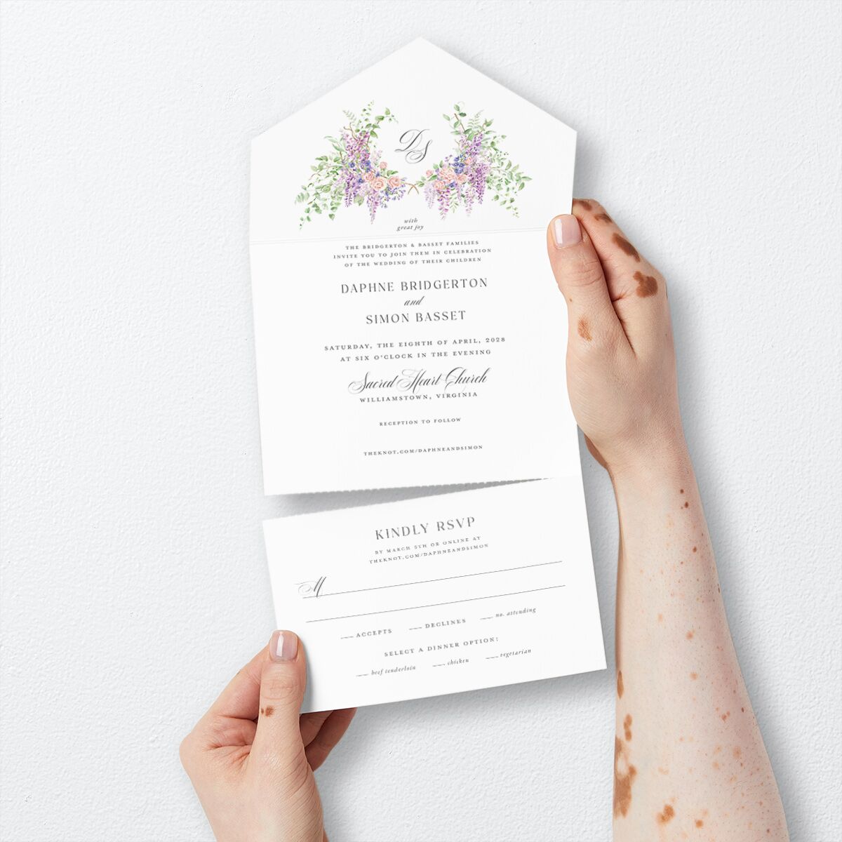 Formal Wisteria Garden Crest All-in-One Wedding Invitations by Bridgerton Purple Haze Signature Light Both Recipient and Return Addresses No