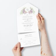 Formal Wisteria Garden Crest All-in-One Wedding Invitations by Bridgerton Purple Haze Signature Light Both Recipient and Return Addresses No