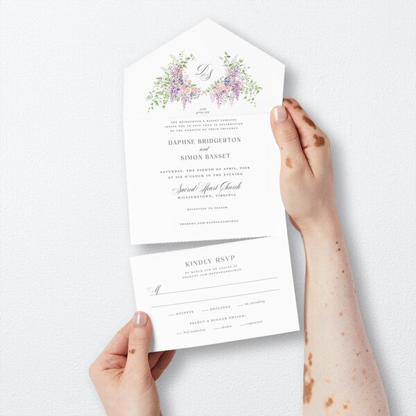 Formal Wisteria Garden Crest All-in-One Wedding Invitations by Bridgerton Purple Haze Signature Light Both Recipient and Return Addresses No