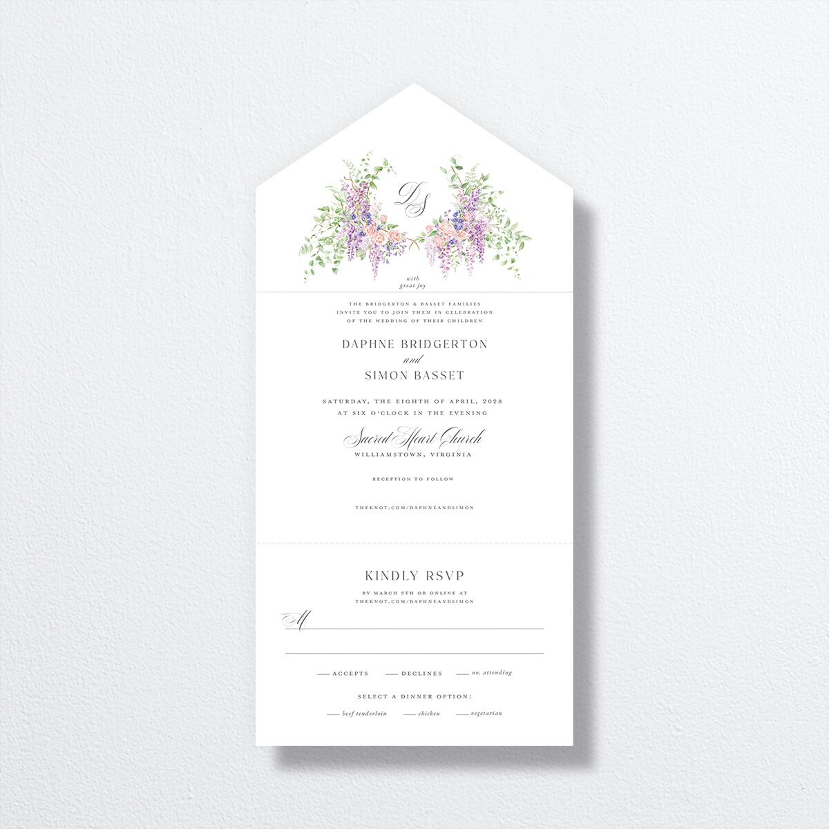 Formal Wisteria Garden Crest All-in-One Wedding Invitations by Bridgerton Purple Haze Signature Light Both Recipient and Return Addresses No