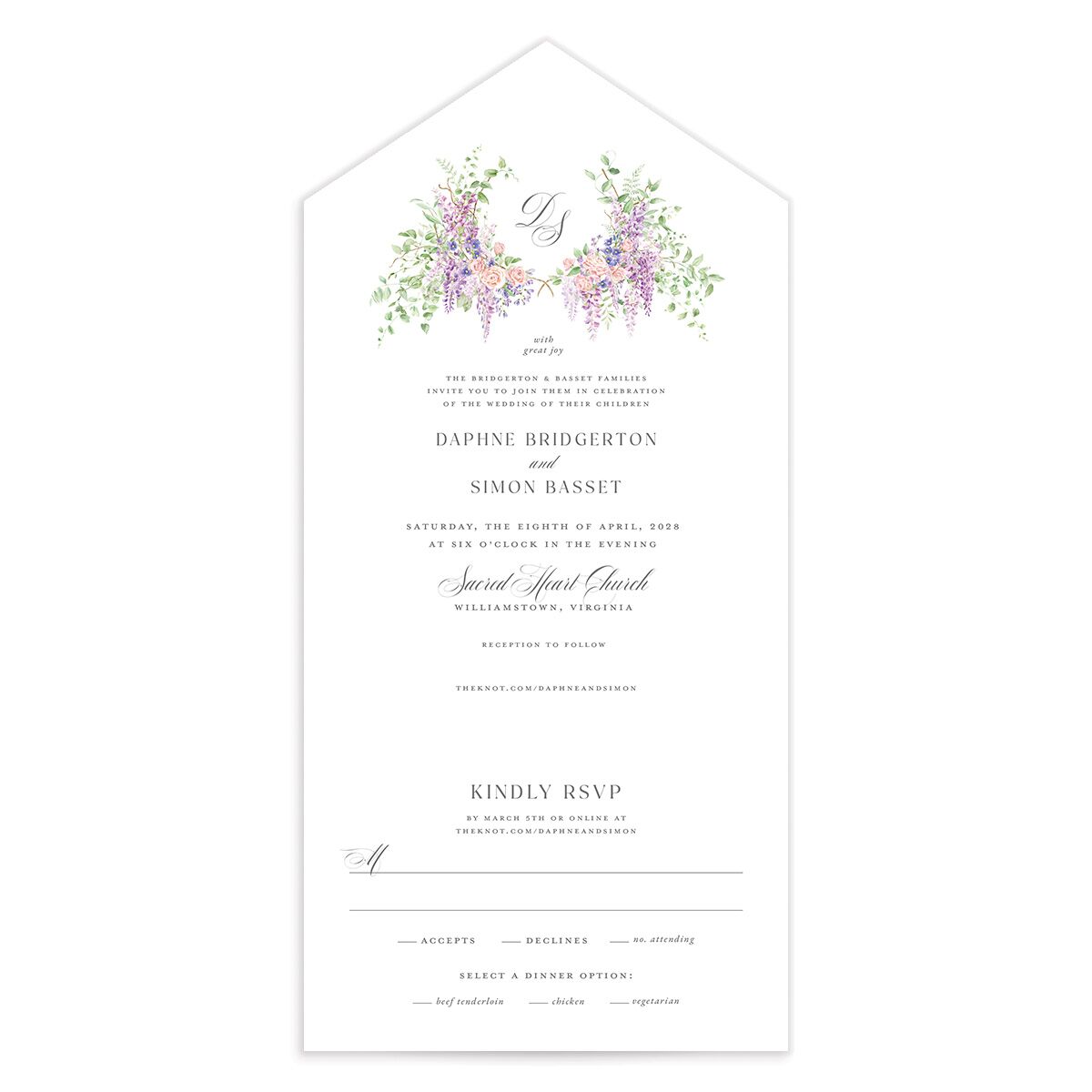 Formal Wisteria Garden Crest All-in-One Wedding Invitations by Bridgerton