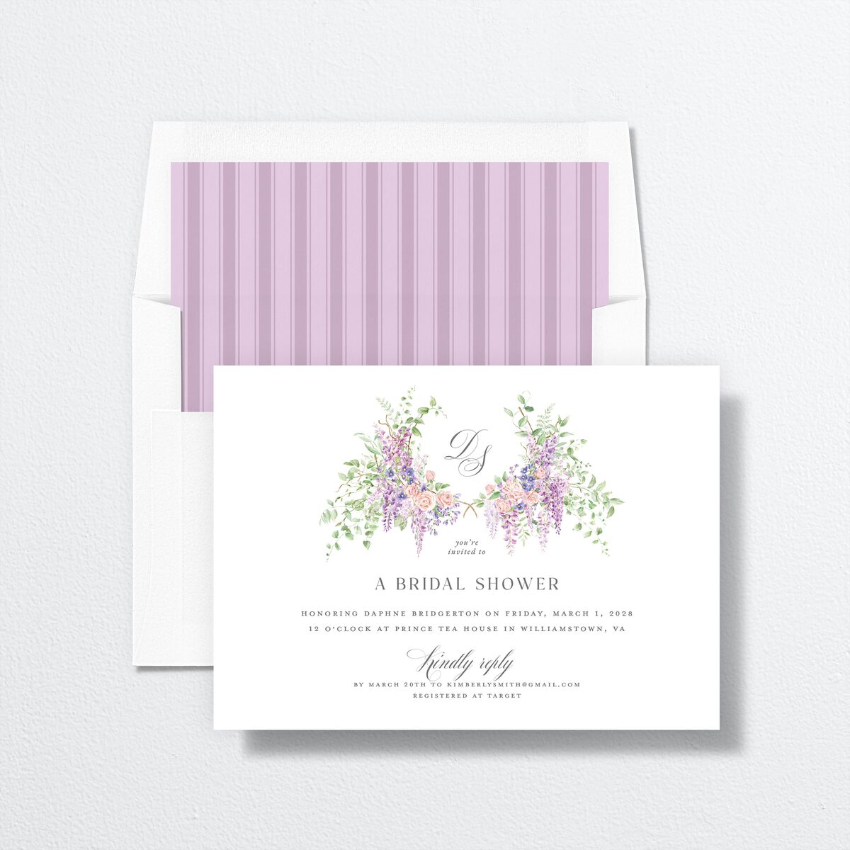 Formal Wisteria Garden Crest Bridal Shower Invitations by Bridgerton Purple Haze Signature