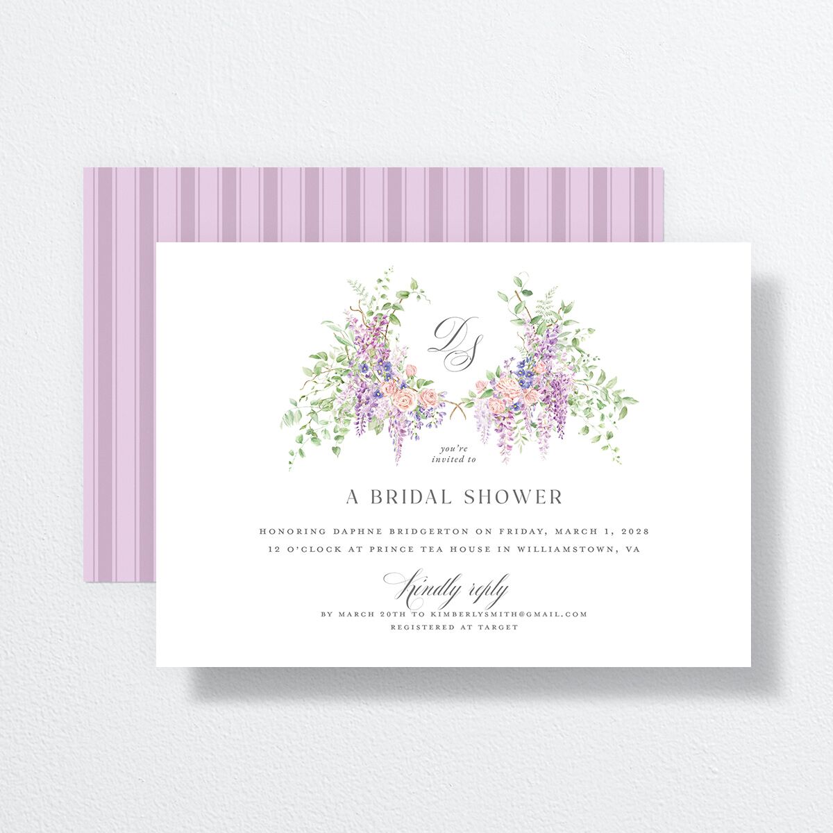 Formal Wisteria Garden Crest Bridal Shower Invitations by Bridgerton Purple Haze Signature