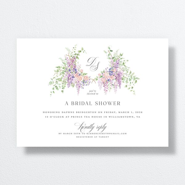 Formal Wisteria Garden Crest Bridal Shower Invitations by Bridgerton Purple Haze Signature