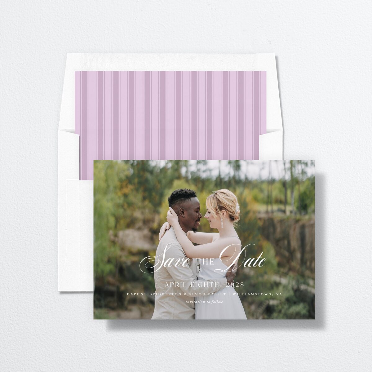 Formal Wisteria Garden Crest Save the Date Cards by Bridgerton Purple Haze Signature smooth No