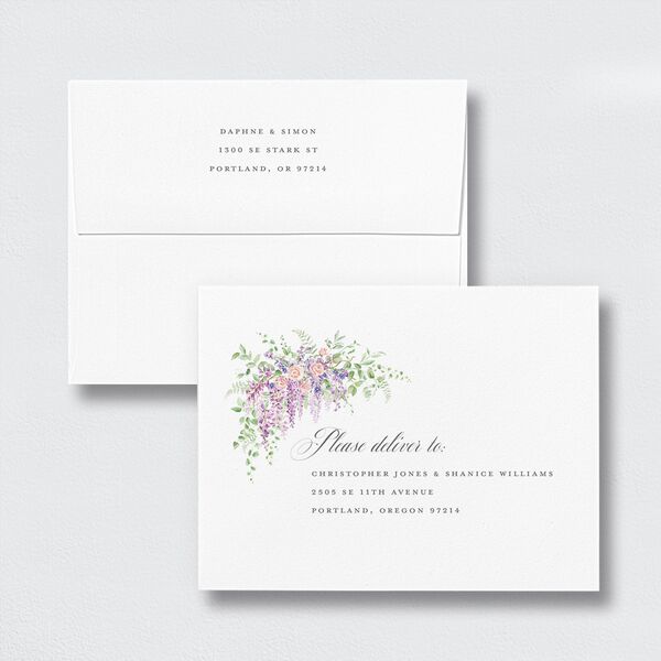 Formal Wisteria Garden Crest Save the Date Magnet Envelopes by Bridgerton White Standard Purple Haze Both Recipient and Return Addresses Signature