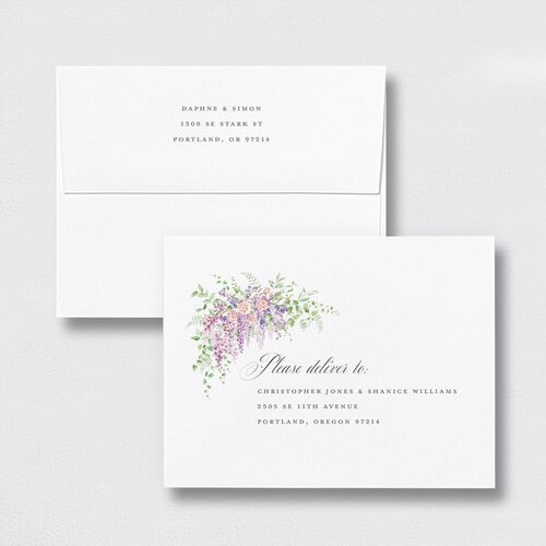 Formal Wisteria Garden Crest Save the Date Magnet Envelopes by Bridgerton White Standard Purple Haze Both Recipient and Return Addresses