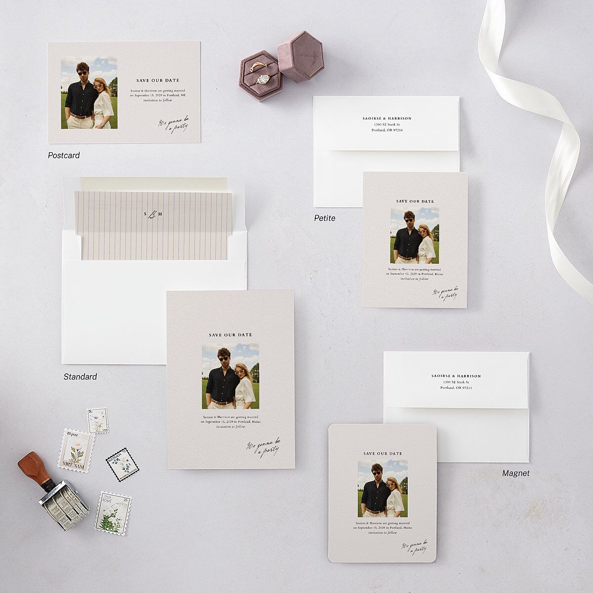 Elegant Editorial Page Save the Date Postcards Champagne