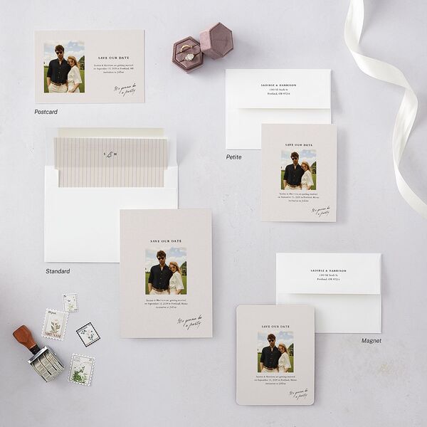 Elegant Editorial Page Save the Date Postcards Champagne