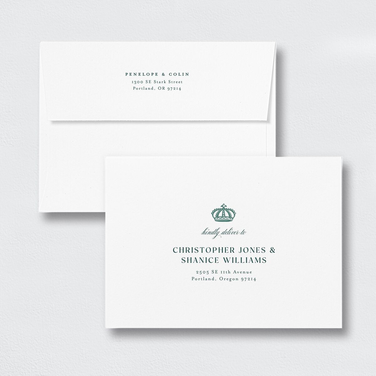 Glamorous Crown Monogram Crest Bridal Shower Invitation Envelopes White Standard Deep Lake Both Recipient and Return Addresses Signature