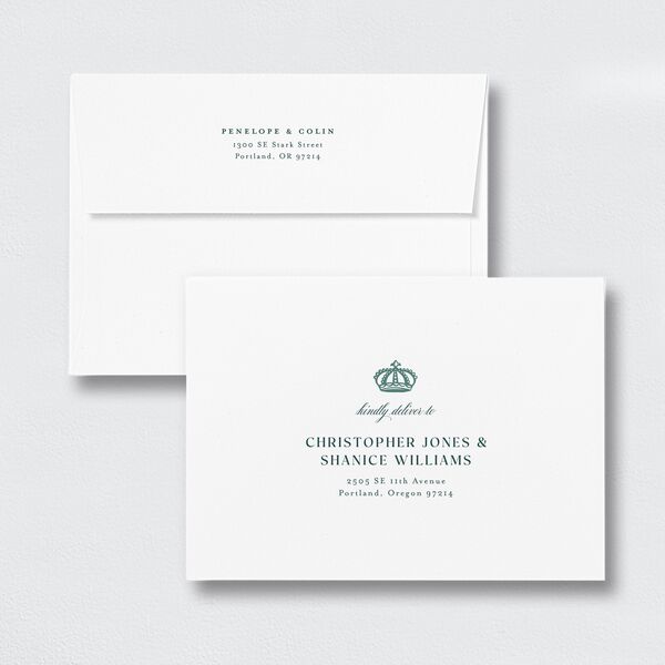 Glamorous Crown Monogram Crest Bridal Shower Invitation Envelopes White Standard Deep Lake Both Recipient and Return Addresses Signature