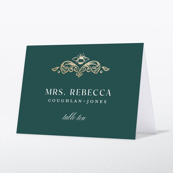 Glamorous Crown Monogram Crest Place Cards by Bridgerton Gold Deep Lake Signature