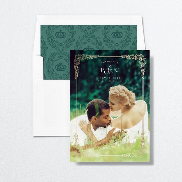 Glamorous Crown Monogram Crest Save the Date Cards by Bridgerton Gold Deep Lake Signature smooth No