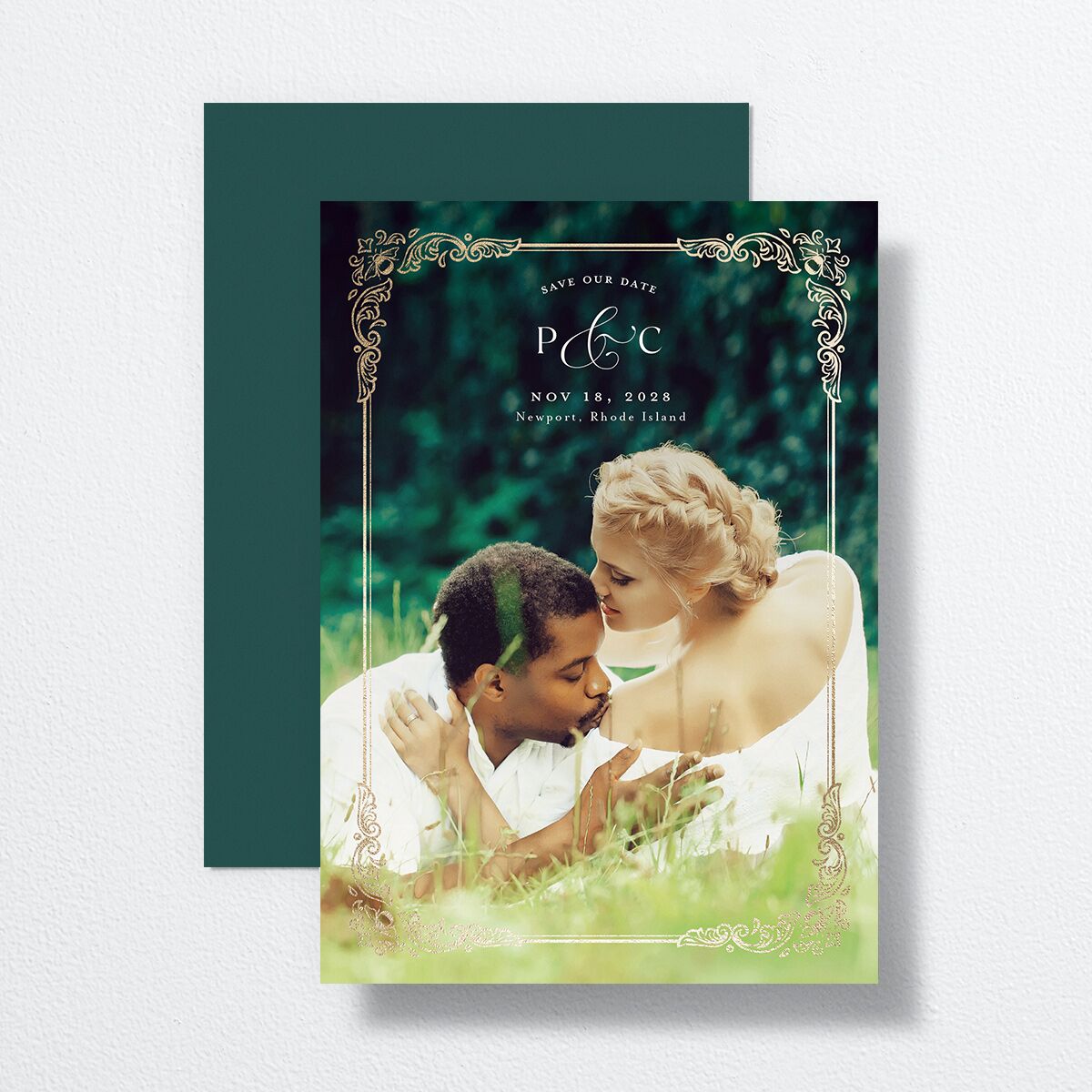 Glamorous Crown Monogram Crest Save the Date Cards by Bridgerton Gold Deep Lake Signature smooth No