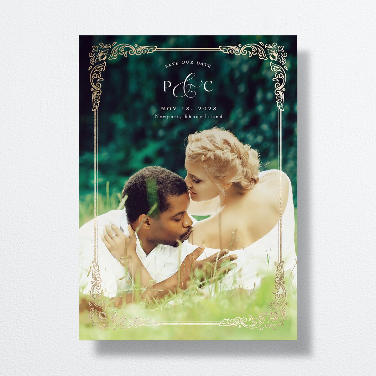 Glamorous Crown Monogram Crest Save the Date Cards by Bridgerton Gold Deep Lake Signature smooth No