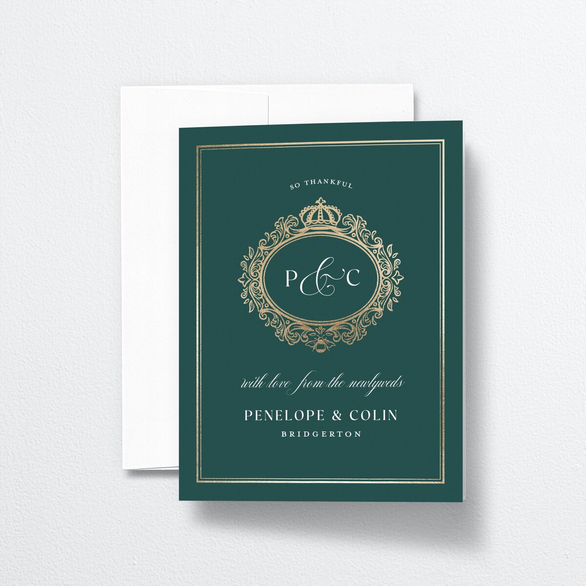 Glamorous Crown Monogram Crest Thank You Cards by Bridgerton Gold Deep Lake