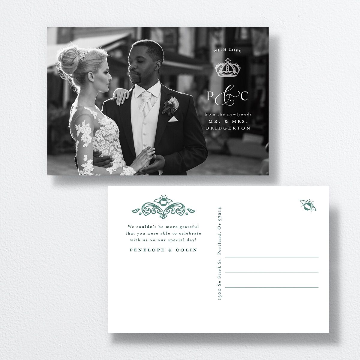 Glamorous Crown Monogram Crest Thank You Postcards by Bridgerton — view 1