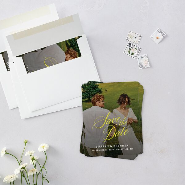 Technicolor Calligraphy Photo Save The Date Magnets Pure White Magnet Paper
