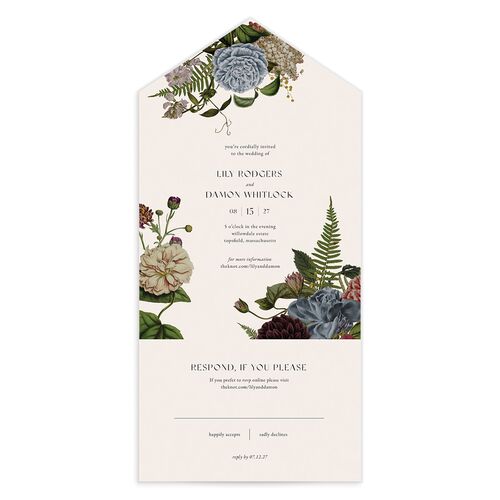 Gothic Floral All-in-One Wedding Invitations Dusty Blue Signature Light Both Recipient and Return Addresses No