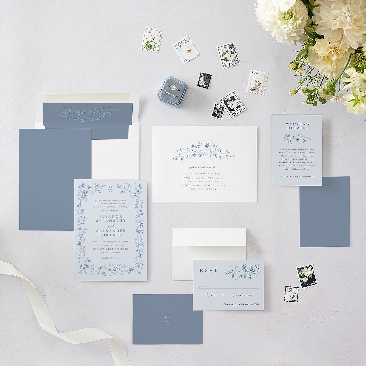Timeless Floral Wedding Invitations Dusty Blue Signature Blank No Standard