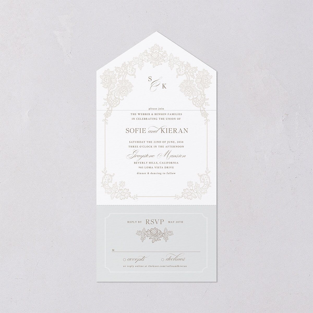 Love Story Lace All-in-One Wedding Invitations Pure White Signature Light Both Recipient and Return Addresses No