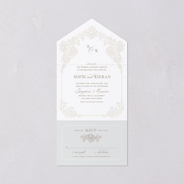 Love Story Lace All-in-One Wedding Invitations Pure White Signature Light Both Recipient and Return Addresses No
