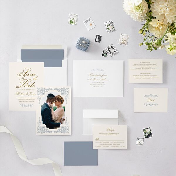 Romantic Rococo Save The Date Cards Dusty Blue Signature smooth Blank No Standard