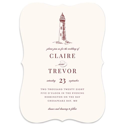 Elegant Lighthouse Wedding Invitations Maroon Signature Blank No Bracket