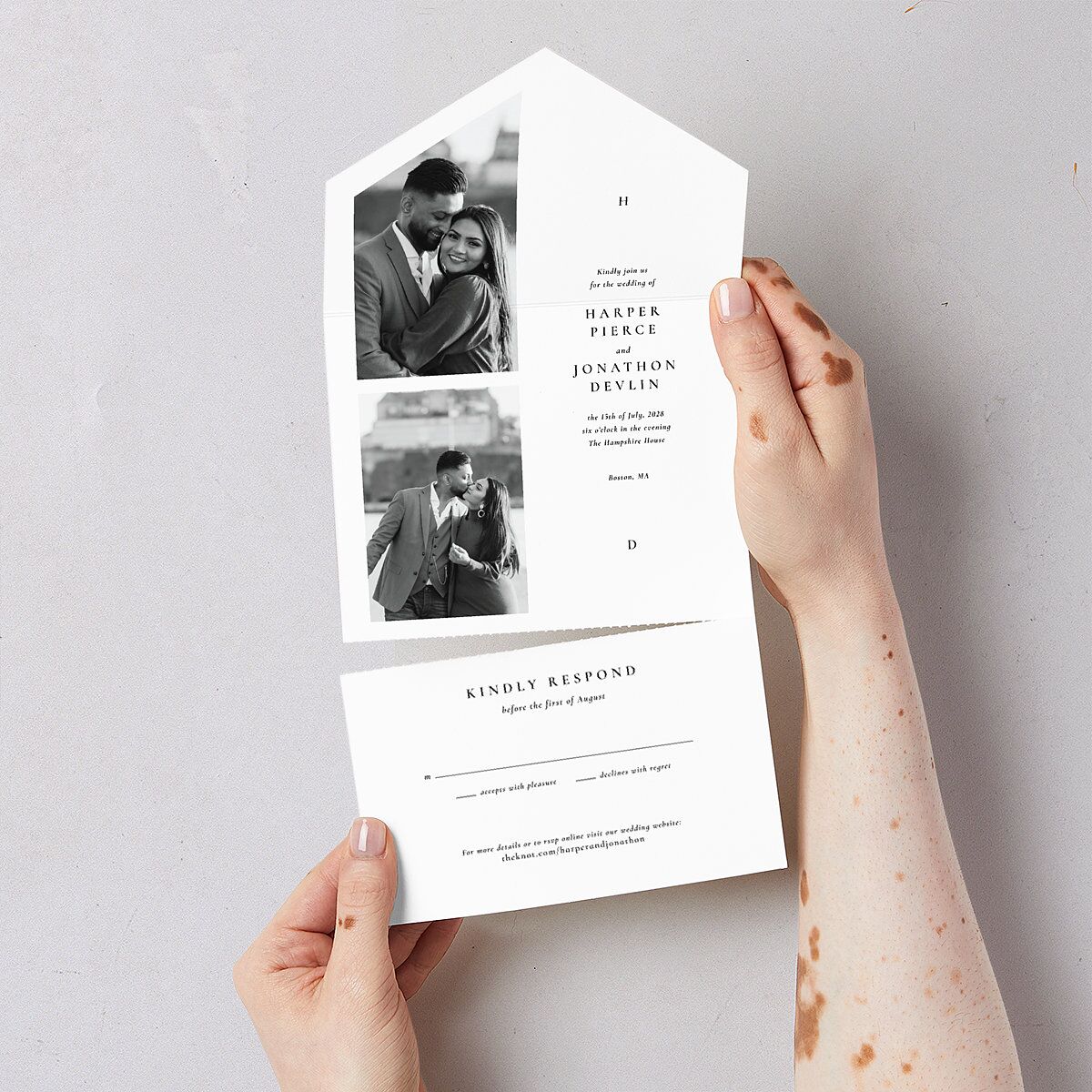 Editorial Monogram Photo All-in-One Wedding Invitations Pure White Signature Light Both Recipient and Return Addresses No