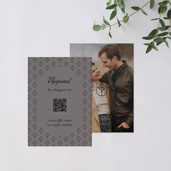 Vintage Romantic Photo QR Code RSVP Cards Medieval Grey Signature Standard