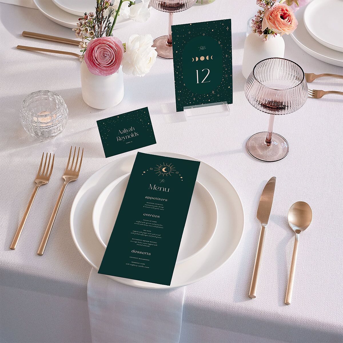 Celestial Galaxy Place Cards Dark Emerald Signature