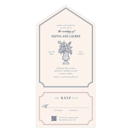 Vintage Vase All-in-One Wedding Invitations Moody Blue Signature Light Both Recipient and Return Addresses No