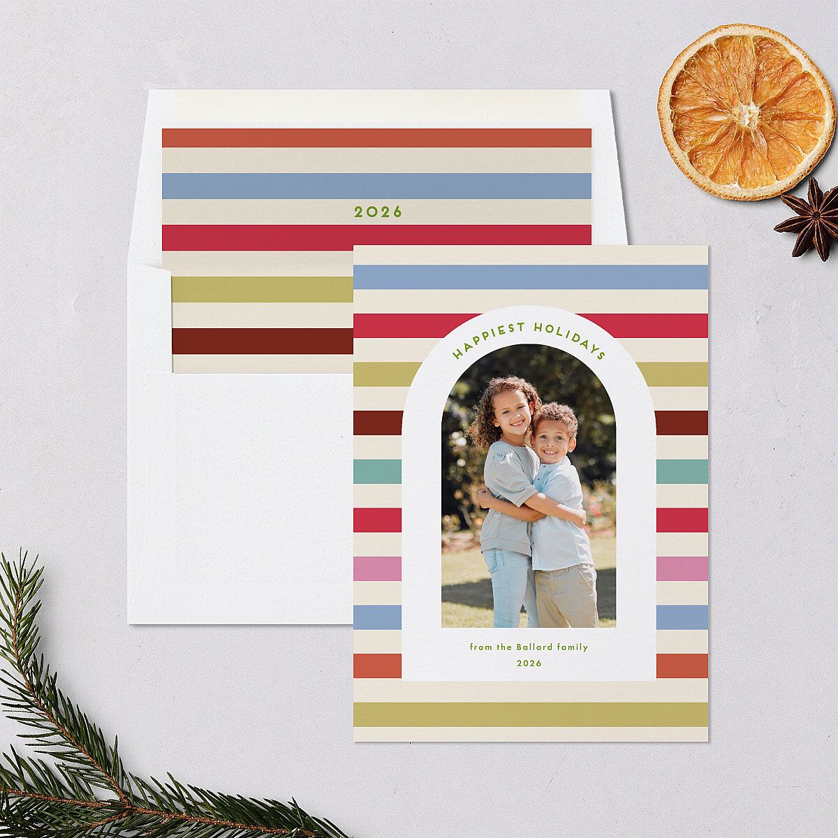 Eclectic Vintage Stripes Holiday Cards Linen Signature Blank Standard