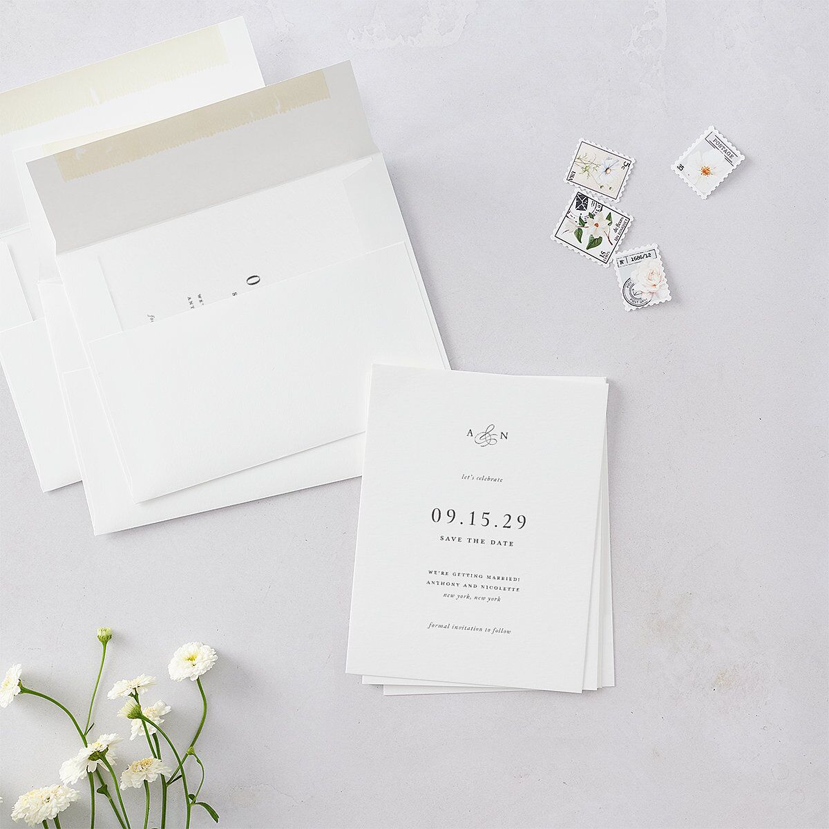 Elegant Photo Monogram Save the Date Petite Cards Pure White Signature smooth Blank Standard No