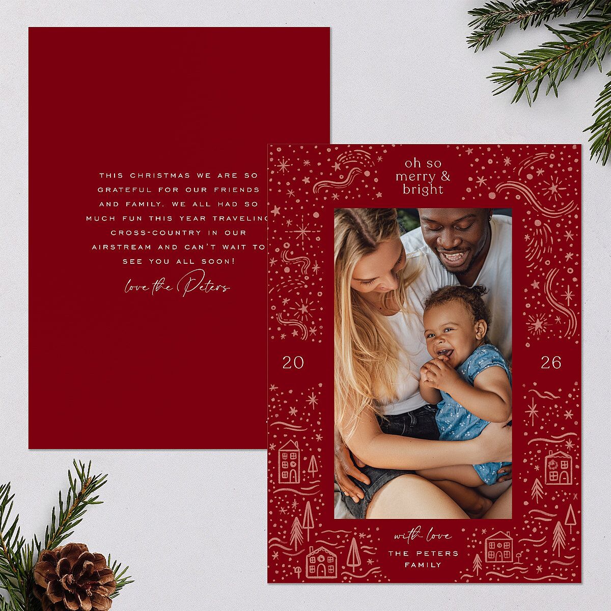 Illustrated Winter Frame Holiday Cards Jewel Red Signature Blank Standard Portrait
