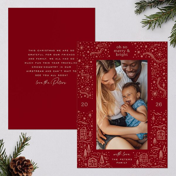 Illustrated Winter Frame Holiday Cards Jewel Red Signature Blank Standard Portrait
