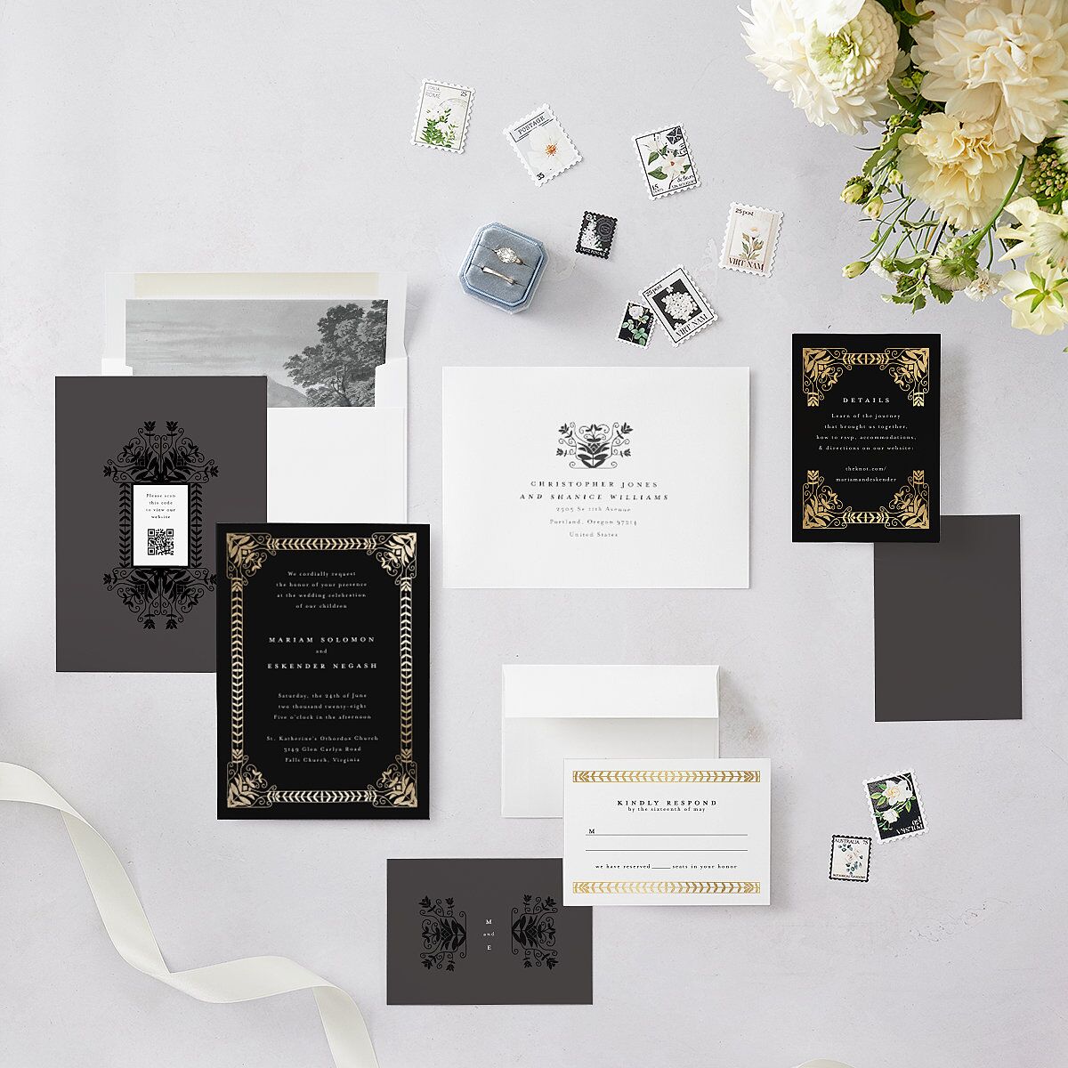 Medieval Elegance Wedding Invitations Gold Midnight Signature Blank No Standard