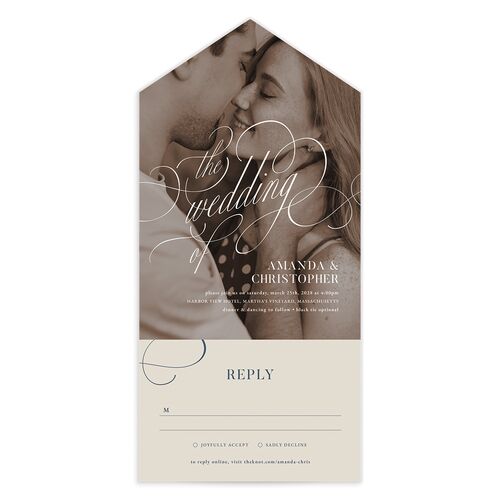 Photo Flourish All-in-One Wedding Invitations Moody Blue Signature Light Both Recipient and Return Addresses No
