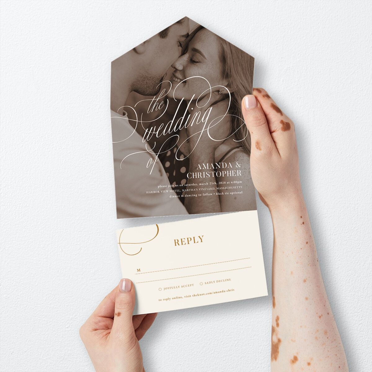 Photo Flourish All-in-One Wedding Invitations Marigold Signature Light Both Recipient and Return Addresses No